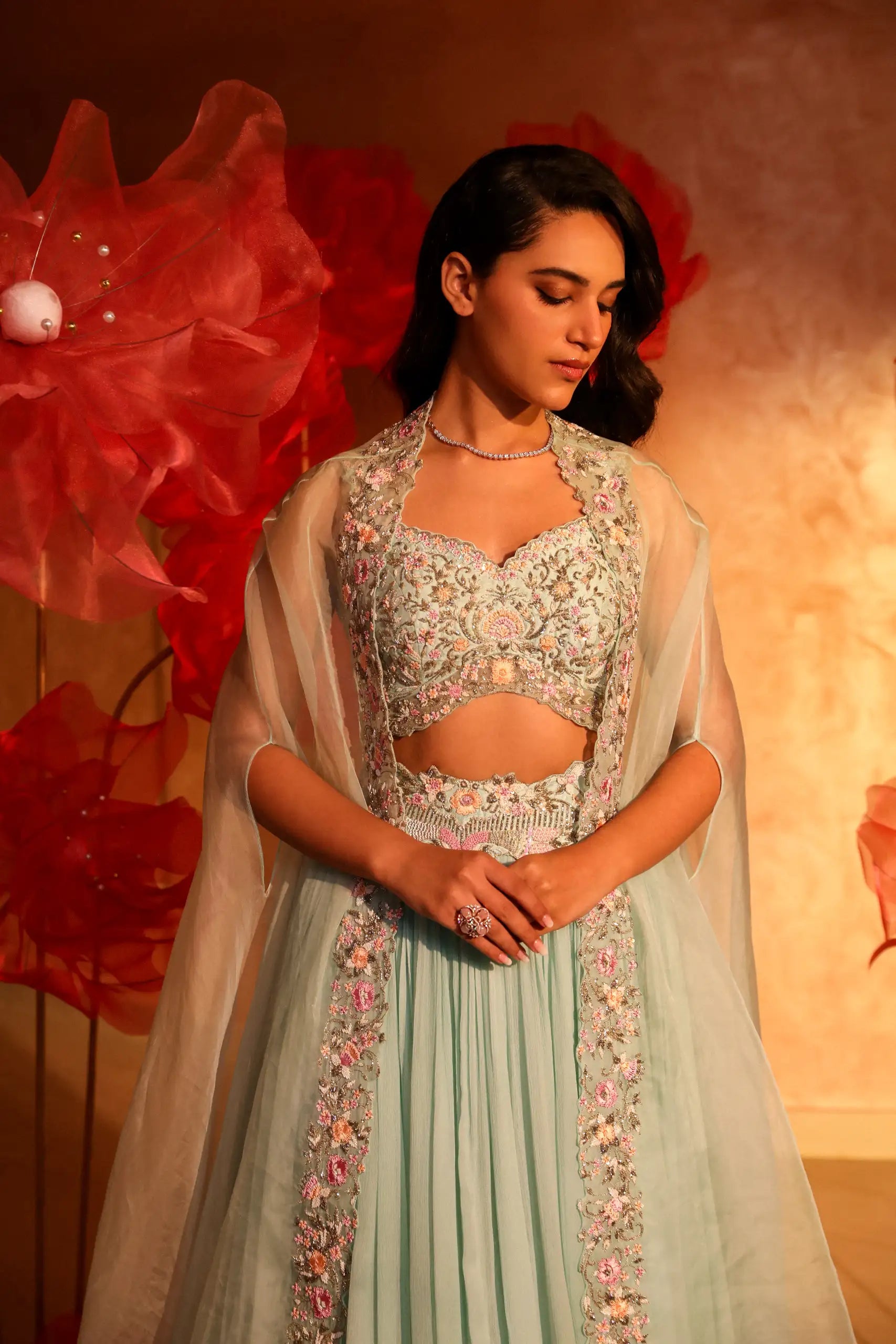 Calming Ice Blue Lehenga and Cape Set