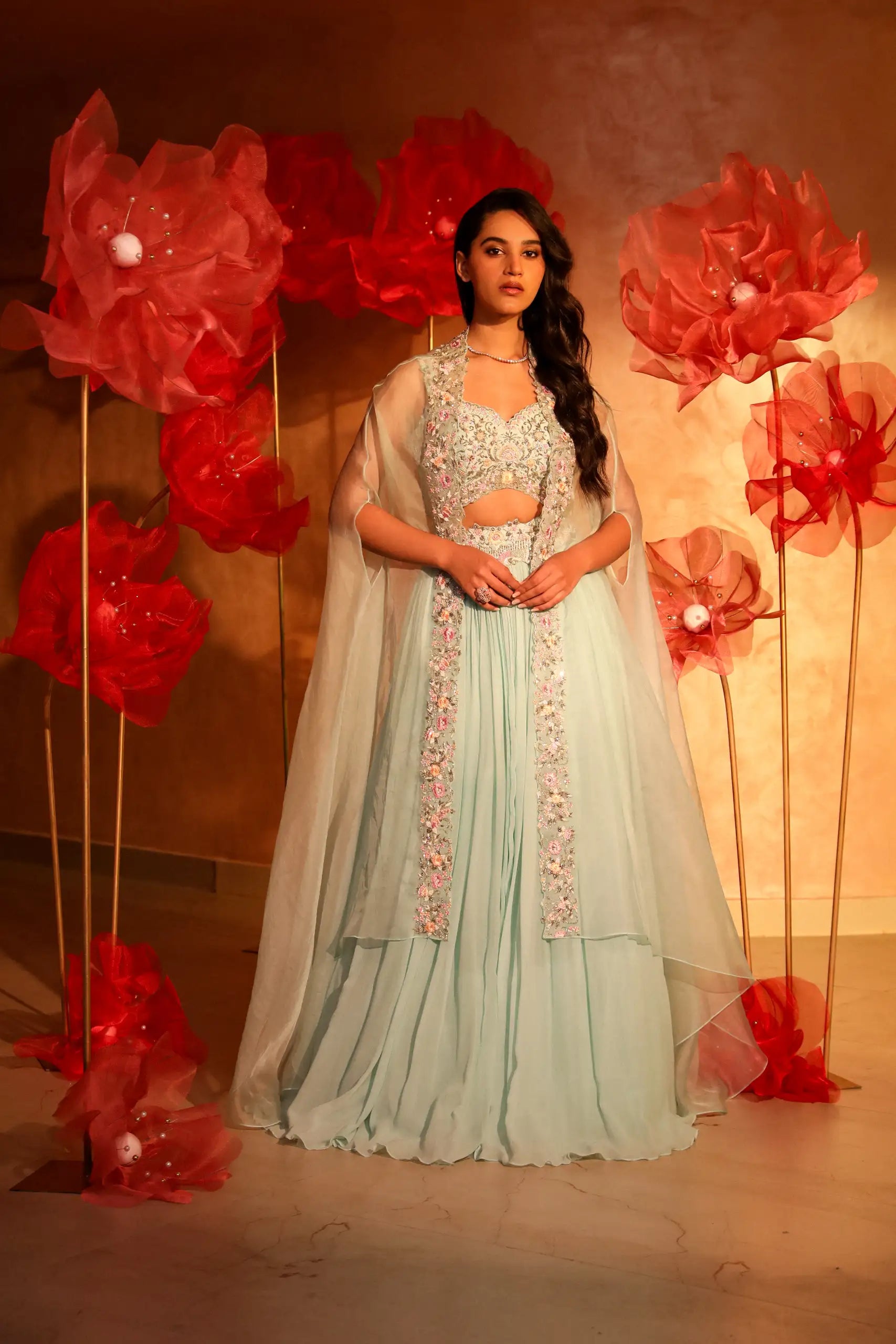 Calming Ice Blue Lehenga and Cape Set