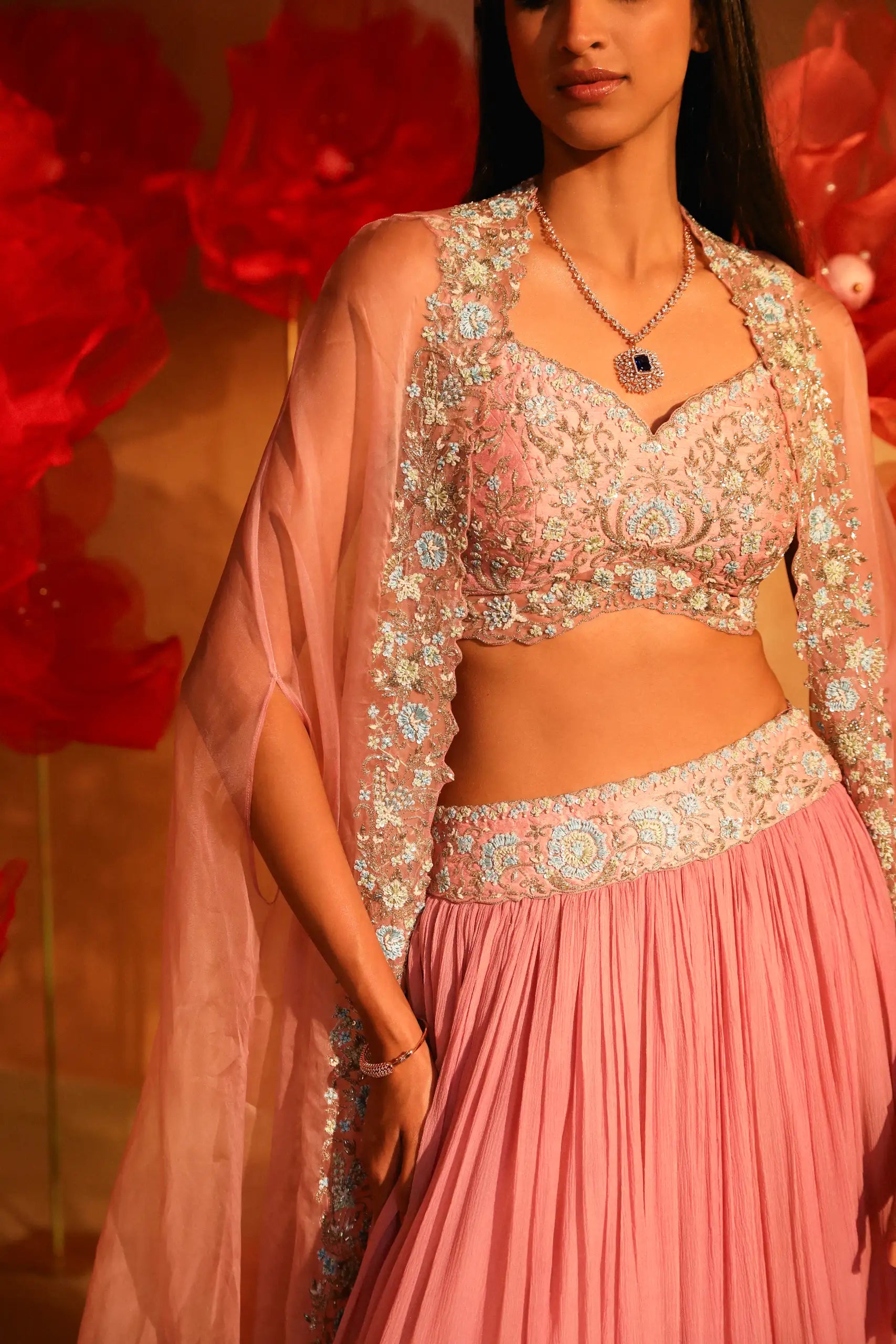 Calica Cameo Pink Lehenga and Cape Set