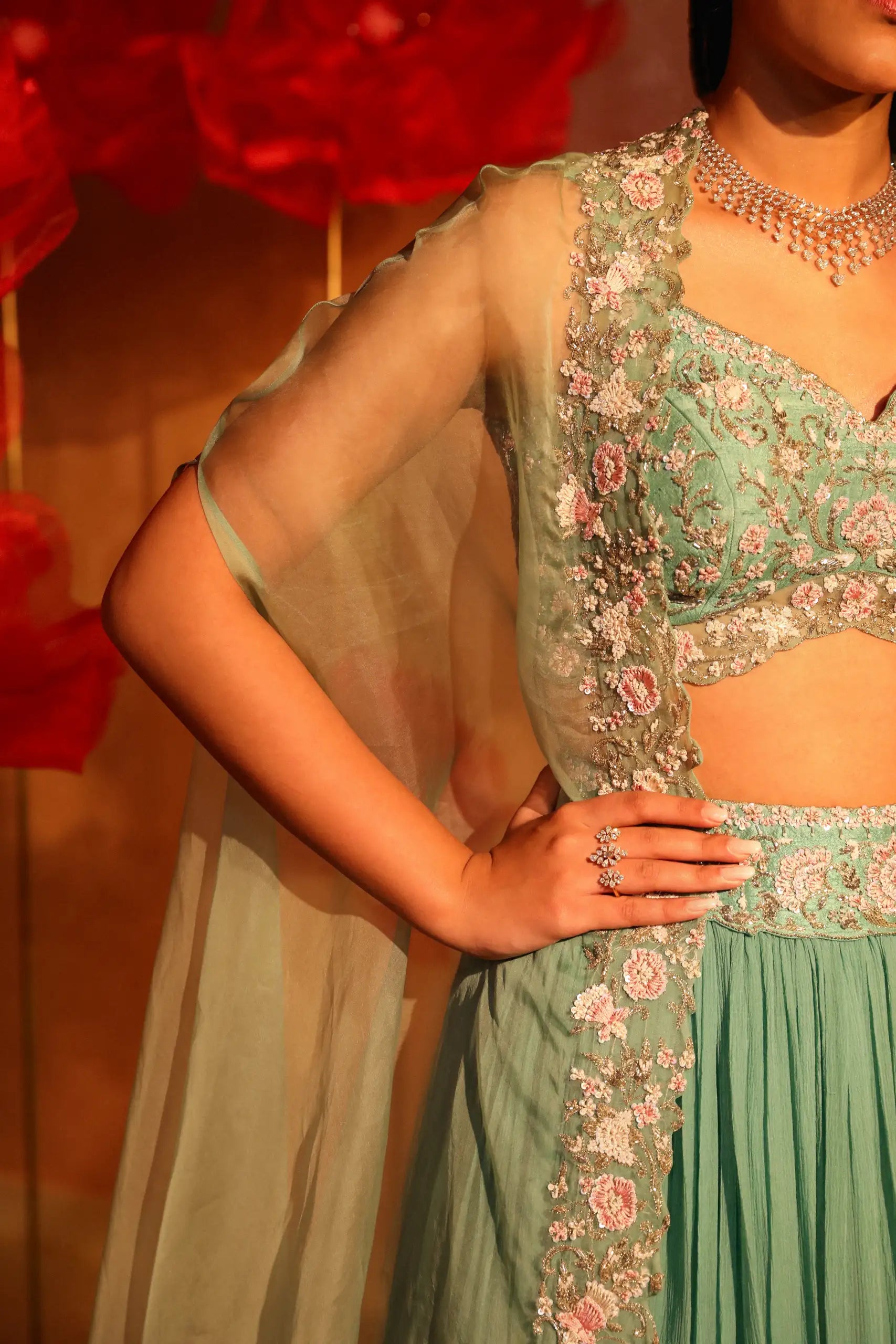 Ablaze Agate Green Lehenga and Cape Set