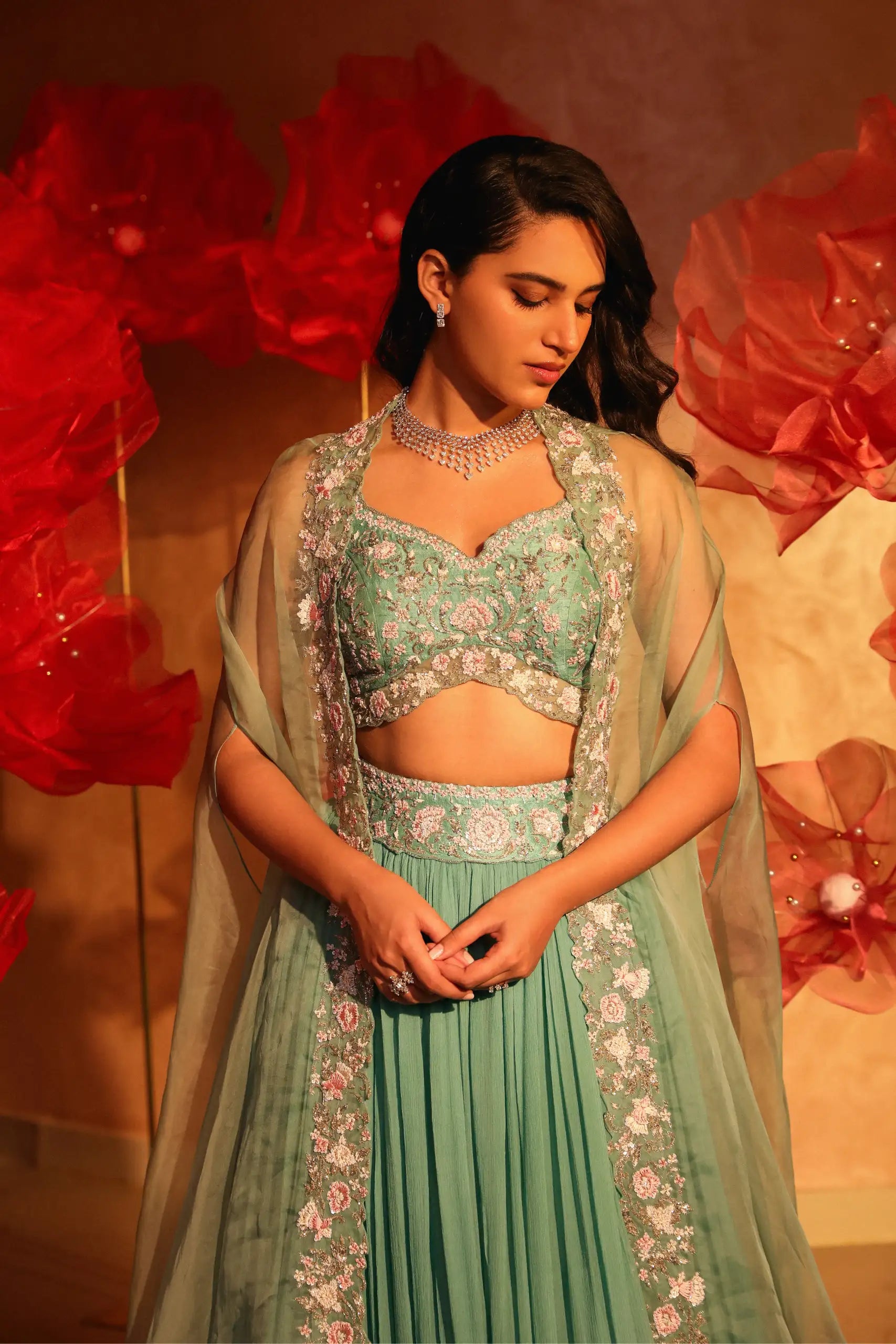 Ablaze Agate Green Lehenga and Cape Set