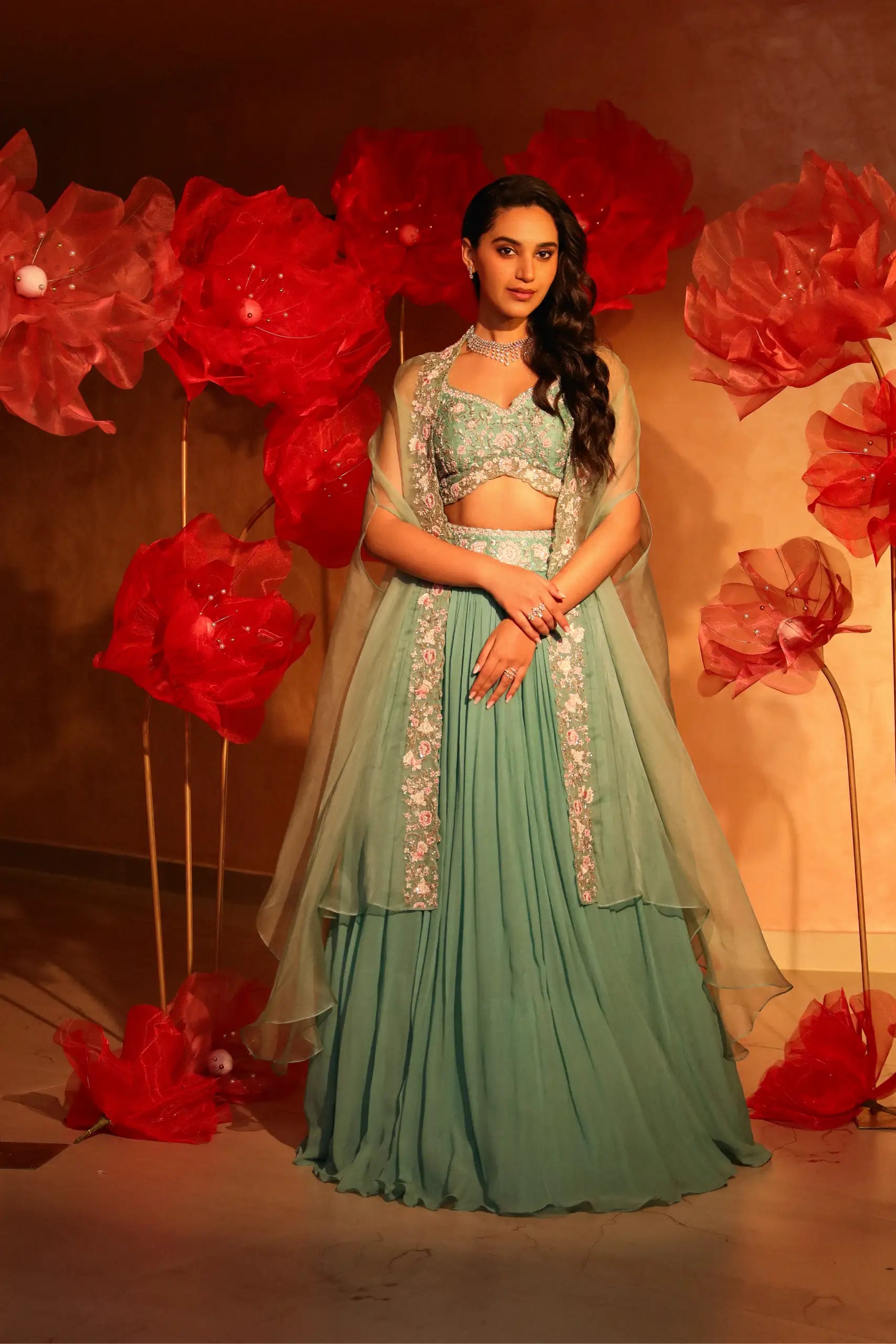 Ablaze Agate Green Lehenga and Cape Set